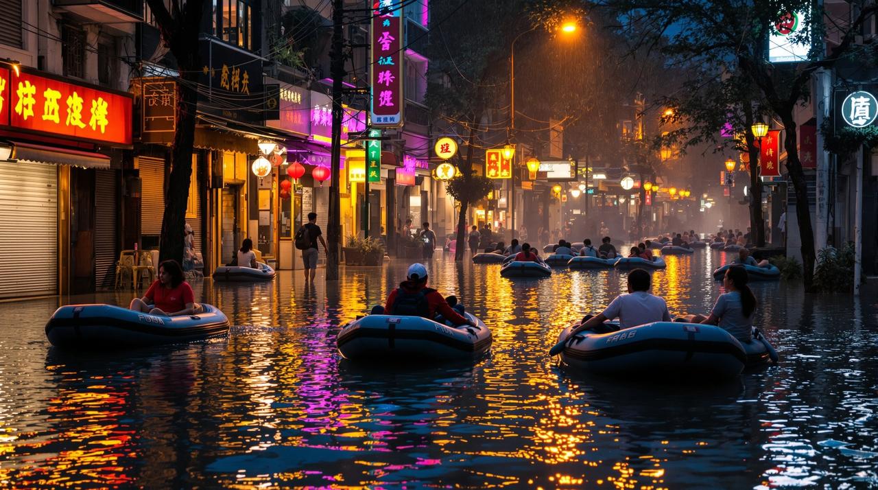 某城市暴雨导致严重内涝，市民划船出行成奇观